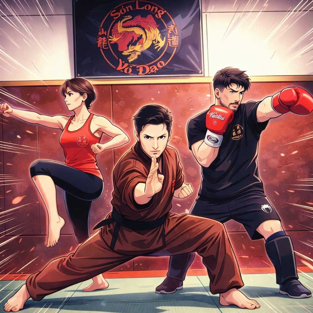 Illustration des trois disciplines de l’École Sơn Long Võ Đạo